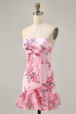 White Blue Flower Printed Bodycon Strapless Homecoming Dress
