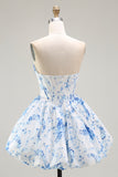 Pink Flower A-Line Printed Corset Strapless Homecoming Dress