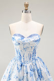 Pink Flower A-Line Printed Corset Strapless Homecoming Dress
