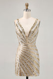 Bodycon V Neck Golden Homecoming Dress with Sequins