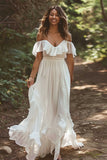 Off The Shoulder White A Line Wedding Dress with Ruffles