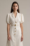 A Line Ivory V-Neck Work Dress with Belt