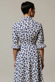 White Printed A Line Lapel Neck Midi Work Dress
