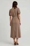 Coffee A Line Midi Wedding Guest Dress with Puff Sleeves