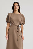 Coffee A Line Midi Wedding Guest Dress with Puff Sleeves