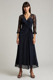 Navy A Line Lace Ruched Wedding Guest Dress with 3/4 Sleeves