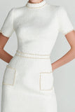 Beaded White High Neck Tweed Mini Dress