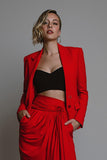 Red Notched Lapel 2-Piece Work Dress With Sash