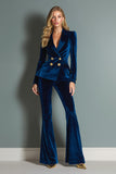 2-Piece Velvet Double Breasted Royal Blue Women Business Suits