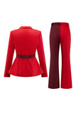 Red Colorblock 2 Piece Slim Fit Notched Lapel Women Suits With Belt