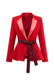 Red Colorblock 2 Piece Slim Fit Notched Lapel Women Suits With Belt