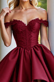 Off The Shoulder Burgundy A Line Appliqued Homecoming Dress