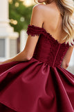 Off The Shoulder Burgundy A Line Appliqued Homecoming Dress