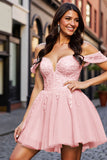 Corset Off The Shoulder Blush Appliqued Homecoming Dress
