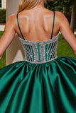 Dark Green Satin A Line Beaded Homecoming Dress