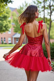 Sparkly Dark Red Sequin Homecoming Dress with Bows