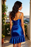 Royal Blue Satin Ruffled Ruched Homecoming Dress