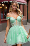 Corset Off The Shoulder Mint Green Appliqued Homecoming Dress