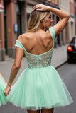 Corset Off The Shoulder Mint Green Appliqued Homecoming Dress
