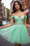Off The Shoulder Corset Mint Green Appliqued Homecoming Dress