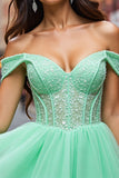 Off The Shoulder Corset Mint Green Appliqued Homecoming Dress