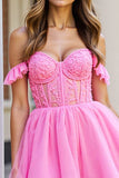 Off The Shoulder Pink Corset Appliqued Homecoming Dress