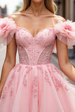Blush Off The Shoulder Corset Homecoming Dress with 3D Flowers