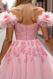 Blush Off The Shoulder Corset Homecoming Dress with 3D Flowers