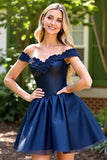 Off The Shoulder Navy Satin Appliqued Homecoming Dress