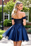 Off The Shoulder Navy Satin Appliqued Homecoming Dress
