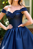 Off The Shoulder Navy Satin Appliqued Homecoming Dress