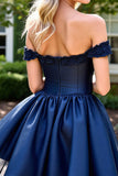 Off The Shoulder Navy Satin Appliqued Homecoming Dress