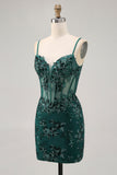 Bodycon Dark Green Cut Out Corset Homecoming Dress with Sequins