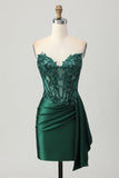 Strapless Bodycon Corset Appliqued Dark Green Homecoming Dress With Sash