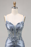Grey Blue Appliqued Corset Satin Homecoming Dress