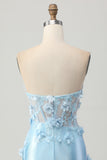Sky Blue Satin Bodycon Strapless Homecoming Dress with Appliques