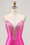 Fuchsia Beaded Satin Bodycon Strapless Homecoming Dress with Slit