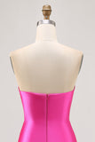 Fuchsia Beaded Satin Bodycon Strapless Homecoming Dress with Slit