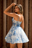 White Blue Flower A Line Corset Homecoming Dress
