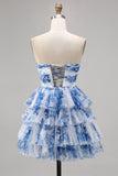 Strapless Tiered White Blue Flower A Line Homecoming Dress with Lace Up Back