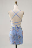 Floral Bodycon Sequin Pink Homecoming Dress with Lace-up Back
