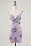 Floral Bodycon Sequin Pink Homecoming Dress with Lace-up Back