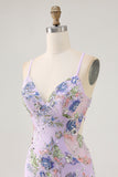 Floral Bodycon Sequin Pink Homecoming Dress with Lace-up Back