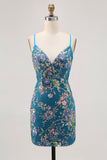 Floral Bodycon Sequin Pink Homecoming Dress with Lace-up Back