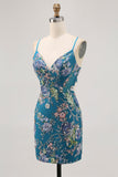 Floral Bodycon Sequin Pink Homecoming Dress with Lace-up Back