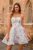 Pink A-Line Floral Strapless Homecoming Dress with Sequins