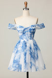 Off The Shoulder Printed White Blue Flower Homecoming Dress
