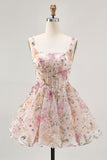 Sparkly A Line Square Neck Floral Pink Homecoming Dress with Lace Up Back
