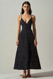 Black White Polka Dot A Line Tea Length Graduation Dress