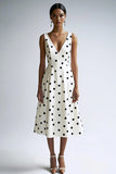 A Line White Black V-Neck Polka Dot Dress
